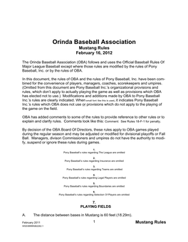 Orinda Baseball Association Mustang Rules February 16, 2012