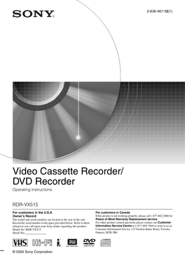 Video Cassette Recorder/ DVD Recorder Operating Instructions