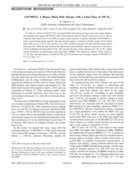 GW190521: a Binary Black Hole Merger with a Total Mass of 150 M⊙ R