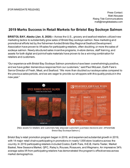 January 8, 2020 2019 Marks Success in Retail Markets for Bristol Bay