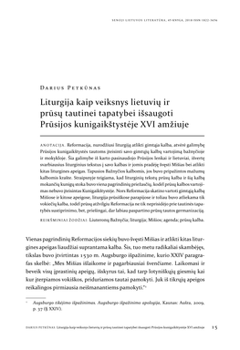 Liturgija Kaip Veiksnys Lietuvių Ir Prūsų Tautinei Tapatybei Išsaugoti Prūsijos Kunigaikštystėje XVI Amžiuje