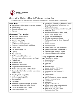 Greenville Shriners Hospital's Items Needed List