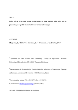 Effect of Fat Level and Partial Replacement of Pork Backfat with Olive Oil on Processing and Quality Characteristics of Fermented Sausages