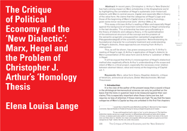 'New Dialectic': Marx, Hegel and the Problem of Christopher J. Arthur's