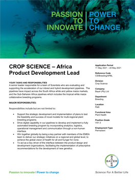 CROP SCIENCE – Africa Product Development Lead