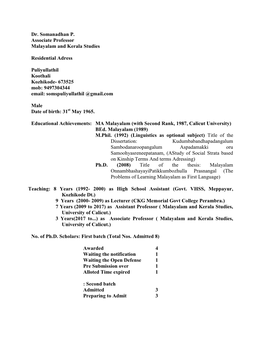 Dr. Somanadhan P. Associate Professor Malayalam and Kerala Studies