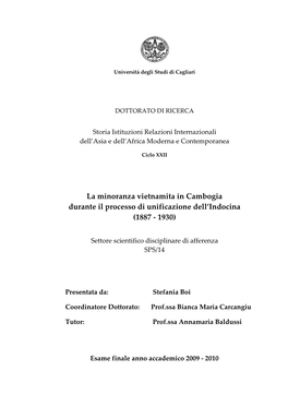 La Minoranza Vietnamita in Cambogia Durante Il Processo Di Unificazione Dell’Indocina (1887 - 1930)