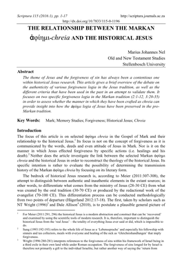 THE RELATIONSHIP BETWEEN the MARKAN Ἀφίημι-Chreia and the HISTORICAL JESUS