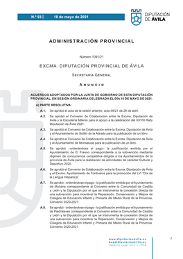 Acuerdos Adoptados Por La Junta De Gobierno De Esta Diputación Provincial, En Sesión Ordinaria, De Fecha