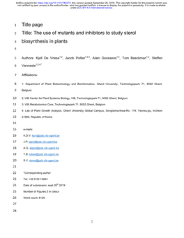 The Use of Mutants and Inhibitors to Study Sterol Biosynthesis in Plants