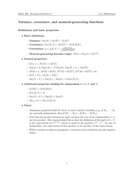 Variance, Covariance, Moment-Generating Functions: Definitions, Properties, and Practice Problems