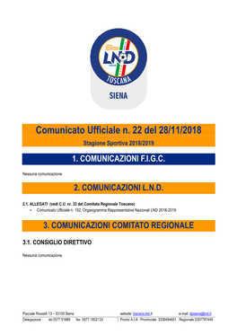 Comunicato Ufficiale N. 22 Del 28/11/2018