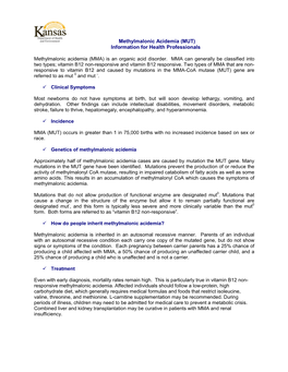 Methylmalonic Acidemia (MUT) Information for Health Professionals