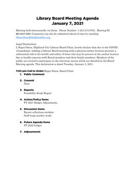 Library Board Meeting Agenda January 7, 2021