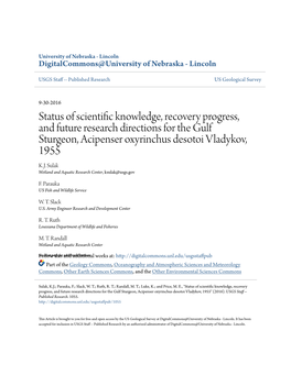 Status of Scientific Knowledge, Recovery Progress, and Future Research Directions for the Gulf Sturgeon, Acipenser Oxyrinchus Desotoi Vladykov, 1955 K.J