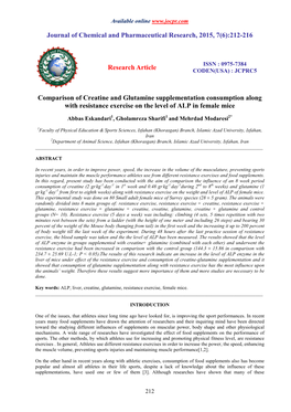 Comparison of Creatine and Glutamine Supplementation Consumption Along with Resistance Exercise on the Level of ALP in Female Mice