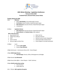 AML Winter Meeting – Legislative Conference February 18–20, 2020 Treadwell Room, Baranof Hotel, Juneau Alaska