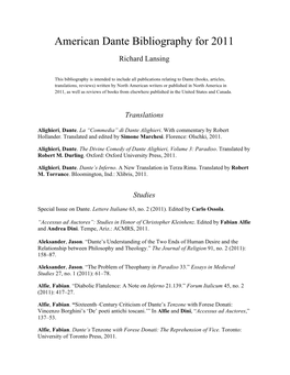 American Dante Bibliography for 2011