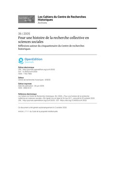 Les Cahiers Du Centre De Recherches Historiques, 36