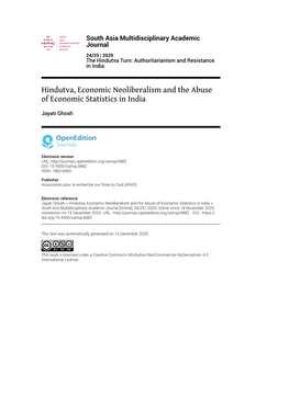 South Asia Multidisciplinary Academic Journal, 24/25 | 2020 Hindutva, Economic Neoliberalism and the Abuse of Economic Statistics in India 2