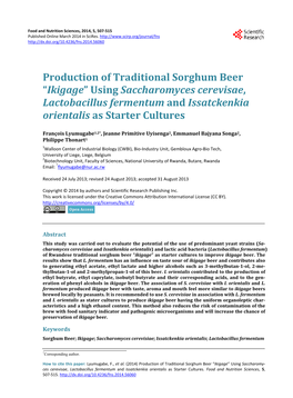 Production of Traditional Sorghum Beer “Ikigage” Using Saccharomyces Cerevisae, Lactobacillus Fermentum and Issatckenkia Orientalis As Starter Cultures