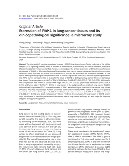 Original Article Expression of IRAK1 in Lung Cancer Tissues and Its Clinicopathological Significance: a Microarray Study