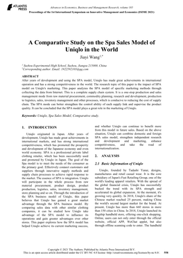 A Comparative Study on the Spa Sales Model of Uniqlo in the World Jiayi Wang1,*