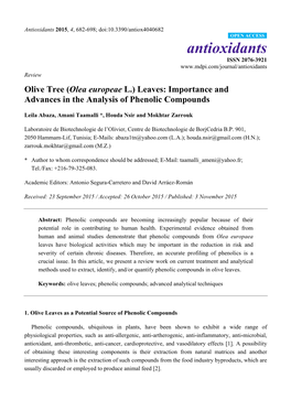 Olive Tree (Olea Europeae L.) Leaves: Importance and Advances in the Analysis of Phenolic Compounds