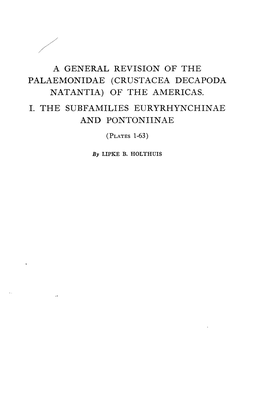 (Crustacea Decapoda Natantia) of the Americas. I. the Subfamilies Euryrhynchinae and Pontoniinae