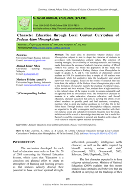 Character Education Through Local Content Curriculum of Budaya Alam Minangkabau