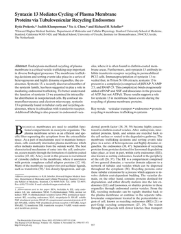 Syntaxin 13 Mediates Cycling of Plasma Membrane Proteins Via Tubulovesicular Recycling Endosomes Rytis Prekeris,* Judith Klumperman,‡ Yu A