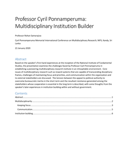 Professor Cyril Ponnamperuma: Multidisciplinary Institution Builder