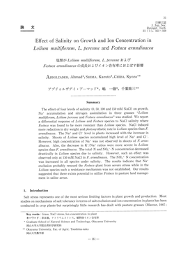 Effect of Salinity on Growth and Ion Concentration in Lolium Multiflorum, L