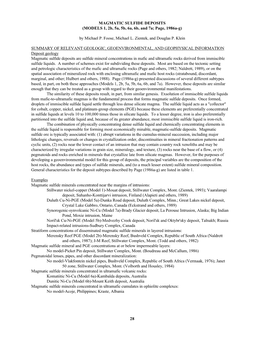 MAGMATIC SULFIDE DEPOSITS (MODELS 1, 2B, 5A, 5B, 6A, 6B, and 7A; Page, 1986A-G)