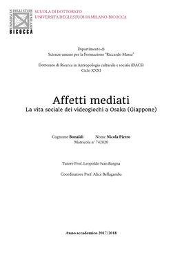 Affetti Mediati La Vita Sociale Dei Videogiochi a Osaka (Giappone)