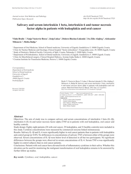 Salivary and Serum Interleukin 1 Beta, Interleukin 6 and Tumor Necrosis Factor Alpha in Patients with Leukoplakia and Oral Cancer