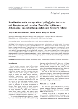 Original Papers Sensitization to the Storage Mites Lepidoglyphus