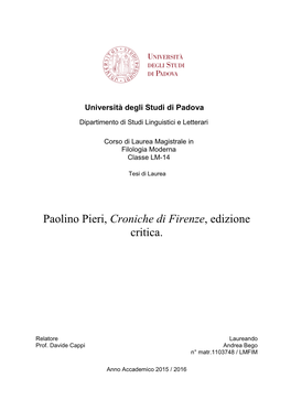 Paolino Pieri, Croniche Di Firenze, Edizione Critica