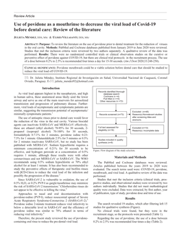 Use of Povidone As a Mouthrinse to Decrease the Viral Load of Covid-19 Before Dental Care: Review of the Literature