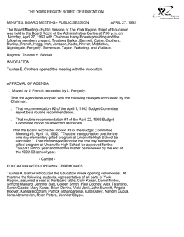 PUBLIC SESSION APRIL 27, 1992 the Board Meeting