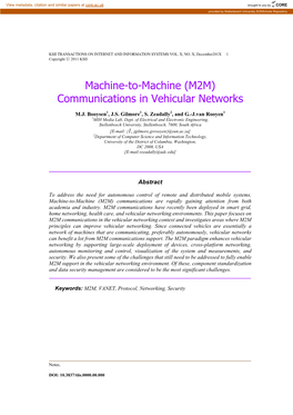 Machine-To-Machine (M2M) Communications in Vehicular Networks