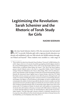 Sarah Schenirer and the Rhetoric of Torah Study for Girls