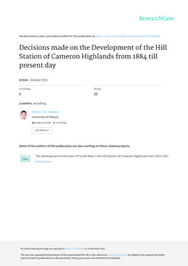 Decisions Made on the Development of the Hill Station of Cameron Highlands from 1884 Till Present Day