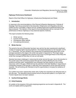 HIW/20/1 Corporate, Infrastructure and Regulatory Services Scrutiny Committee 28 January 2020 Highways Performance Dashboard