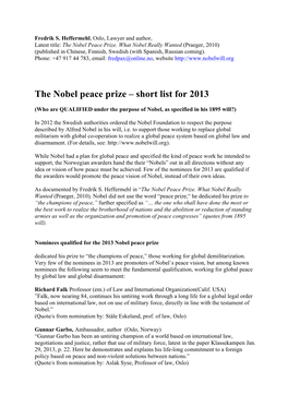 The Nobel Peace Prize – Short List for 2013