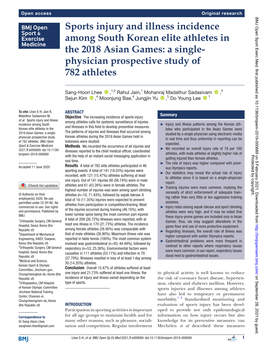 Sports Injury and Illness Incidence Among South Korean Elite Athletes in the 2018 Asian Games: a Single-­ Physician Prospective Study of 782 Athletes