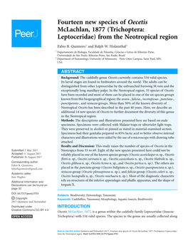 Fourteen New Species of Oecetis Mclachlan, 1877 (Trichoptera: Leptoceridae) from the Neotropical Region