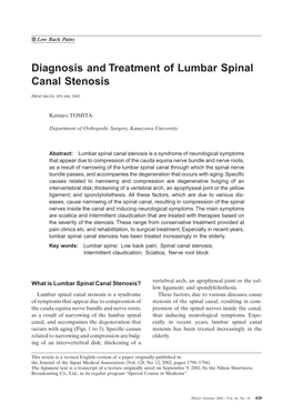 Diagnosis and Treatment of Lumbar Spinal Canal Stenosis