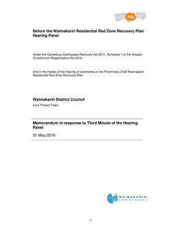 Before the Waimakariri Residential Red Zone Recovery Plan Hearing Panel Waimakariri District Council Memorandum in Response to T