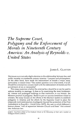 The Supreme Court, Polygamy and the Enforcement of Morals in Nineteenth Century America: an Analysis of Reynolds V